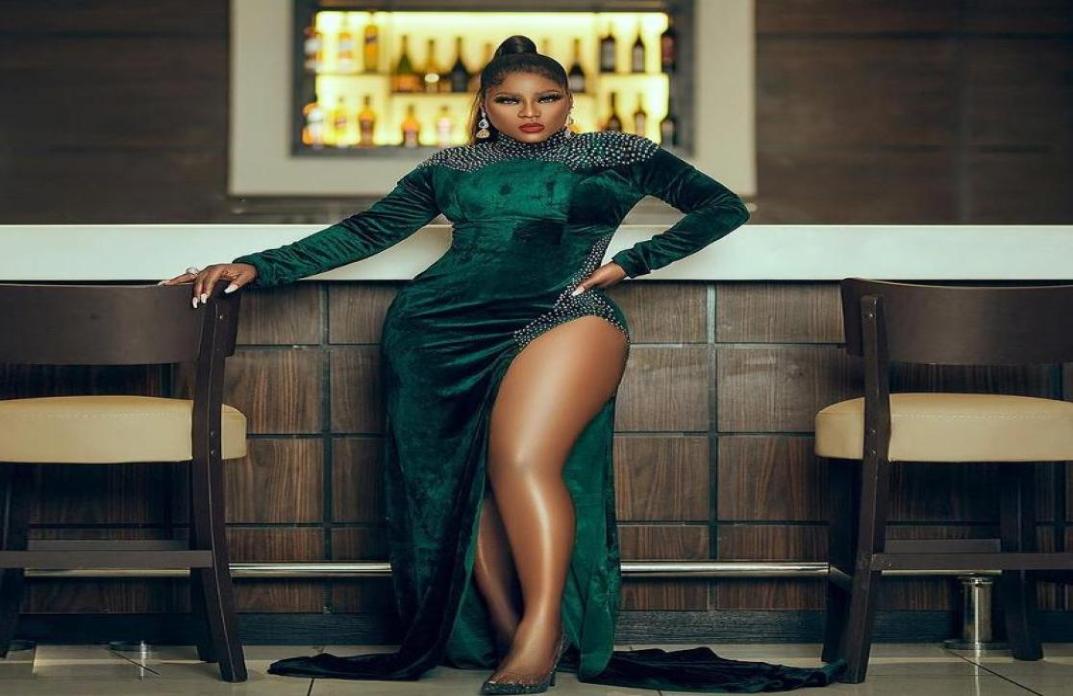 

Dark Green Side Split Mermaid Prom Dresses High Collar Long Sleeve Beaded Velvet Cocktail Party Dress Plus Size Africa Evening Gow3126014, Royal blue