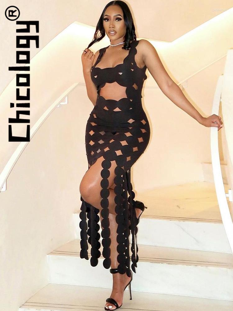 

Casual Dresses Chicology Sexy Hollow Out Tassels Slim Black Dress Summer Party Night Birthday Vacation Streetwear Women Clothes For