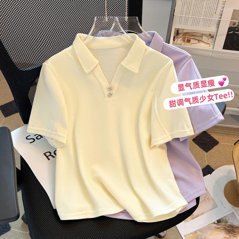 

Women' T Shirts Apricot Polo Collar Short Sleeve T-shirt Girl Summer Easing Is Shoulder Design Feeling Shirt Jacket Tide Restoring Ancient, Taro purple