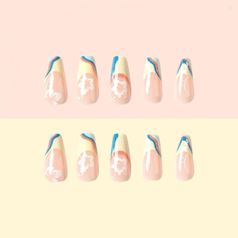 

False Nails 24 Pcs Fake French Style Flower Print Nail Decoration Contrast Color Press On DIY Manicure Wraps Salon Supplies, Blue