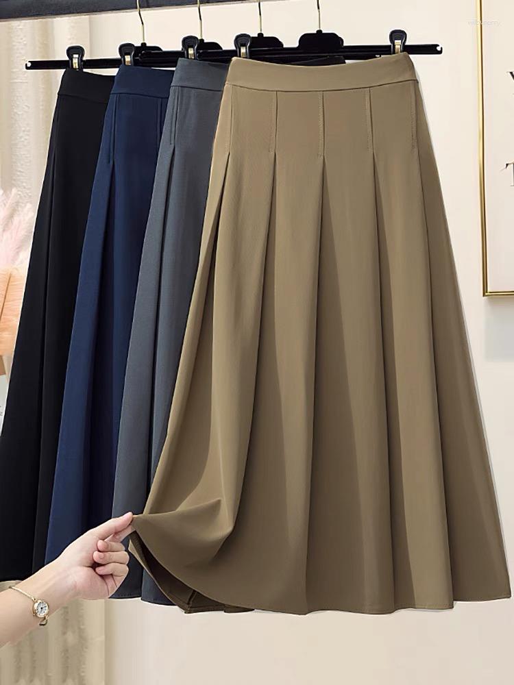 

Skirts Spring Vintage Long Pleated Autumn Solid Twill A-line Mid-calf Navy Camel, Brown