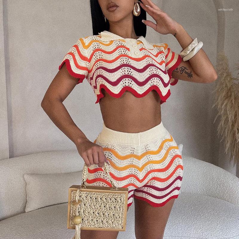 

Women' Tracksuits 2023 Luxury Designer Knit Set Sweet Young Sexy High Waist Striped Shirt&Short Short Sleeve Pants Women 2 Piece, Print