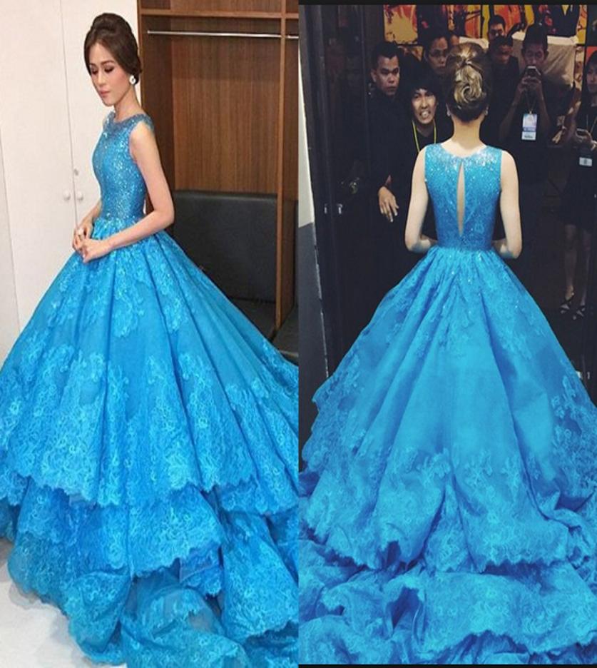 

Blue Prom Dresses Scoop Sequins Lace Appliques Tiered Evening Gowns Sleeveless Back Hollow Chapel Train Formal Elie Saab Dresses6516859, Chocolate