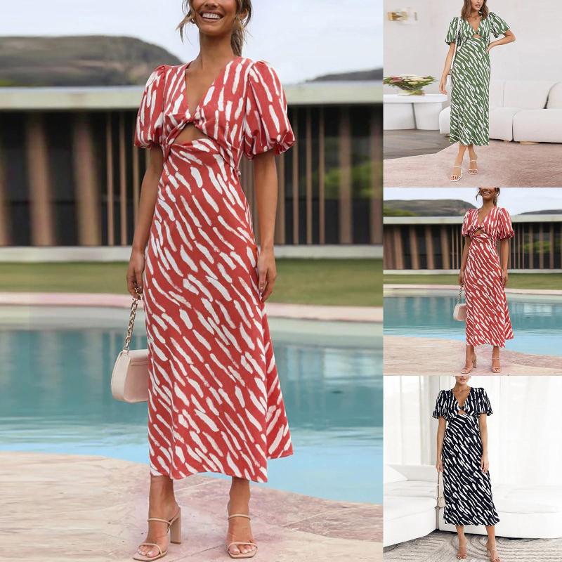 

Casual Dresses Women' Bohemian Print V Neck A Line Midi Dress, Black