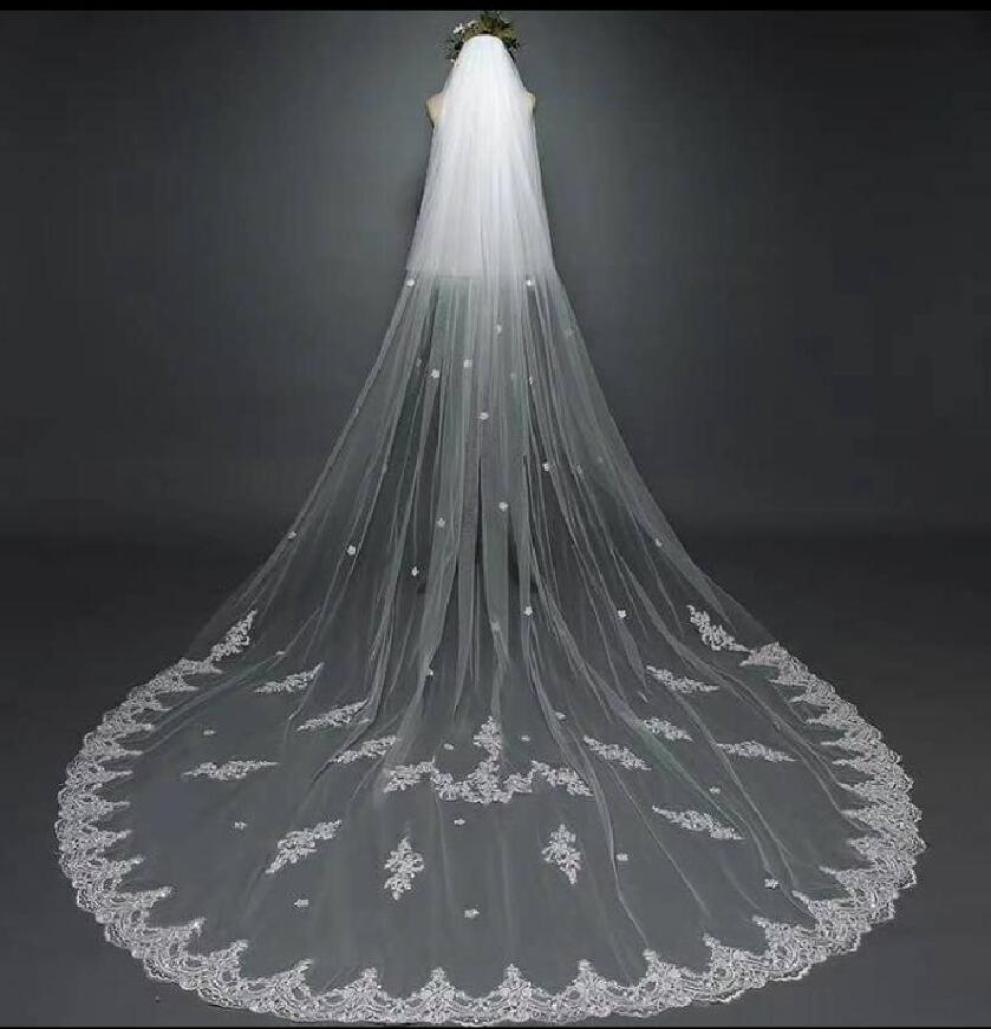 

Two layers Long Bridal Veils White Tulle Lace Applique Wedding Dress Veil for Wedding Accessories1965715