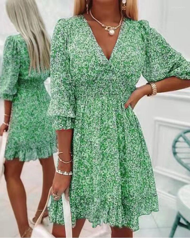 

Casual Dresses Pink Ditsy Floral Print Lantern Sleeve Ruffles Shirred Dress Women V Neck Spring Summer High Waist Flower Sexy Mini, Green