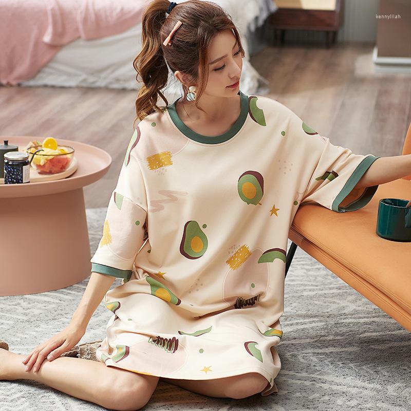 

Women's Sleepwear KISBINI Women Nightdress O-Neck Short-Sleeve Avocado Printed Nightgown Ladies Soft Cotton Female Homewear