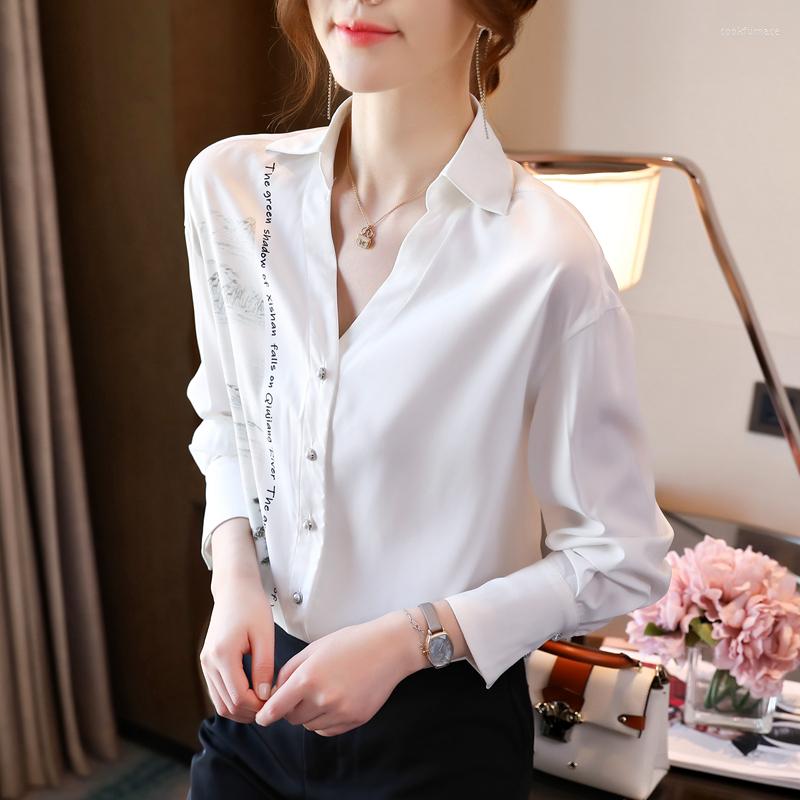 

Women' Blouses Womens Blouse Chiffon Shirt Fashion Female Lapel Long Sleeve Print Top Camisas Mujer, White