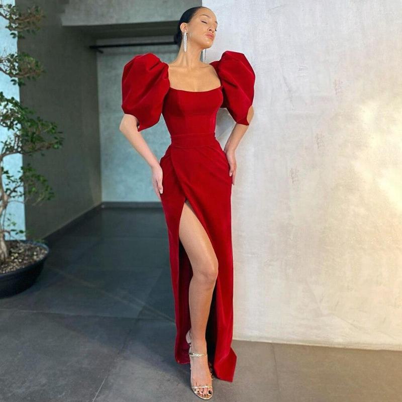 

Party Dresses Arrival Red Satin Mermaid Prom Gowns Puff Cap Sleeves Side Split Long Dress Elegant Celebrity Sukienki, Black