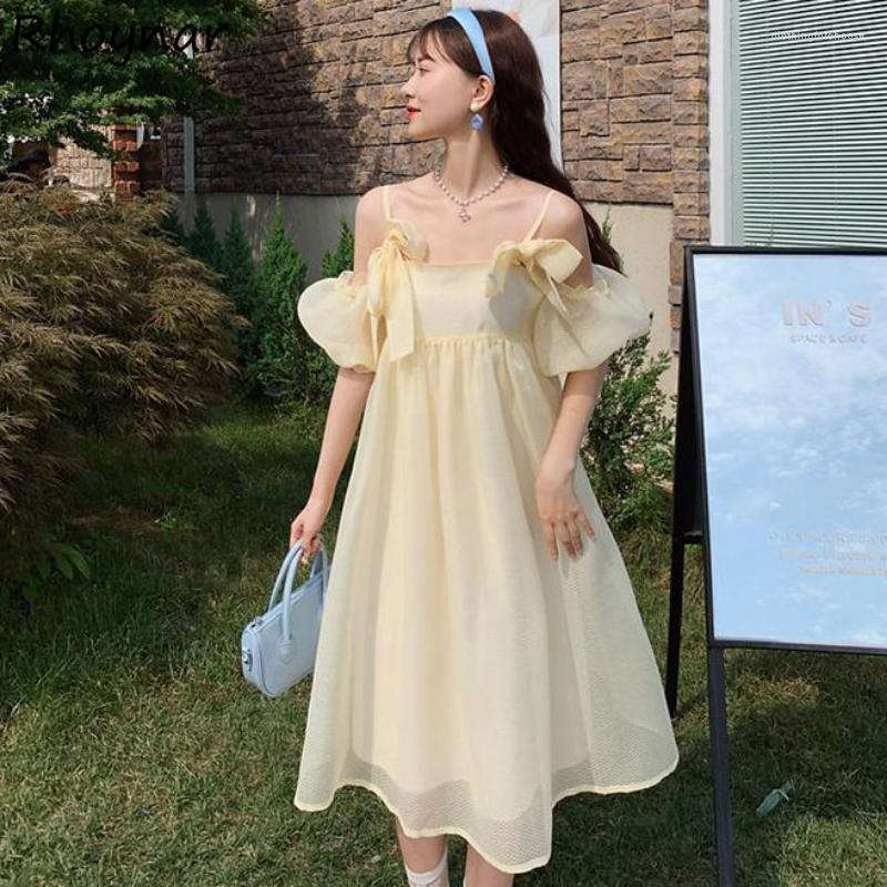 

Casual Dresses Dress For Women Slash Neck Bow Design Sweet Girlish Fashion Summer Solid Korean Style Daily Vestido Feminino Ins, Yellow