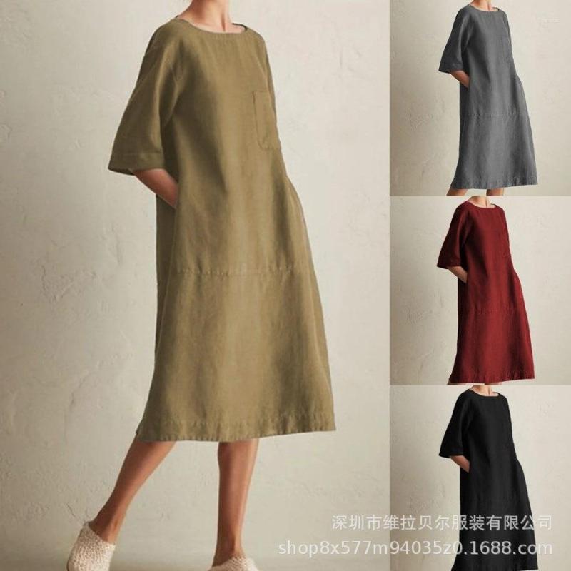 

Casual Dresses Vintage Solid Midi Dress Short Sleeve Cotton And Linen Harajuku Long Women Summer Maxi Sundress 2023, Khaki