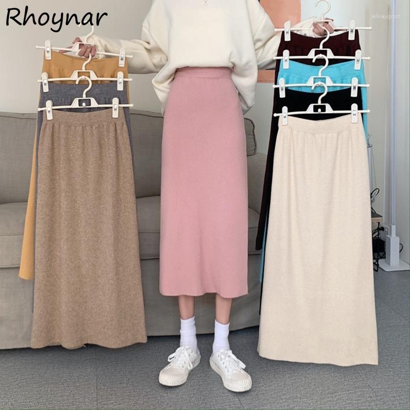 

Skirts Knitting Women Autumn High Waist Stretchy Mujer Elegant OL Solid Mid-calf Side-split Minimalist All-match Cozy Faldas Ins, Pink