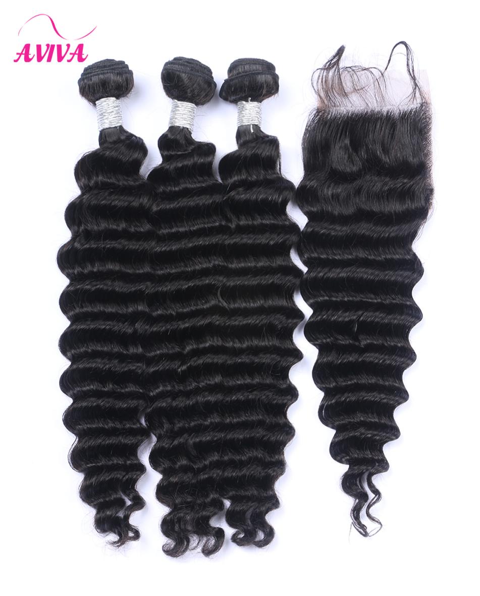 

4PcsLot Brazilian Deep Wave Virgin Human Hair Weaves With Closure 44Size Lace Closure With 3 Bundles Unprocessed Brazilian Deep 2321849, Natural color