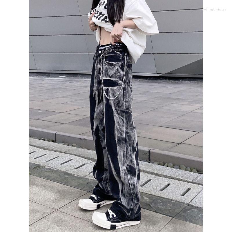 

Women' Jeans American Retro Tie Dye Chain High Street Washed Distressed Baggy Casual Streetwear Wide Leg Contrast Color Pants Women, Black