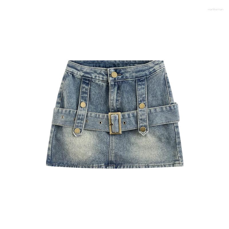 

Skirts Vintage Washed Button High Waist Thin Anti-light Denim Skirt, Blue