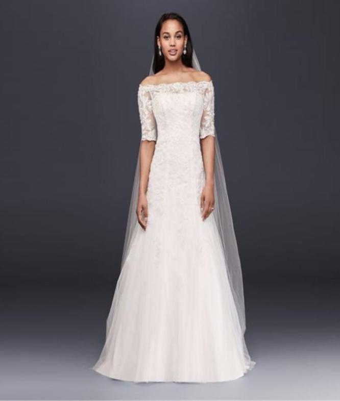 

Elegant Bateau Neckline Off the Shoulder 34 Sleeve Wedding Dress Illusion Lace Back Sweep Train gorgeous Bridal Dressses WG37344983249, Champagne