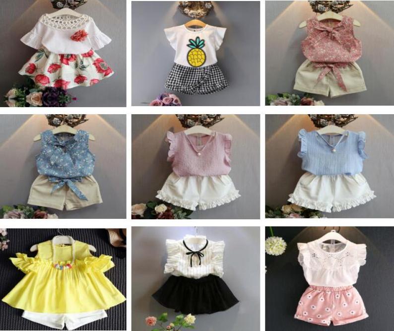 

Whole 10 styles kids designer clothes girls chiffon cotton Tshirt topsshorts pants skirts 2pcs set baby girl designer clothe8386216, Grass green
