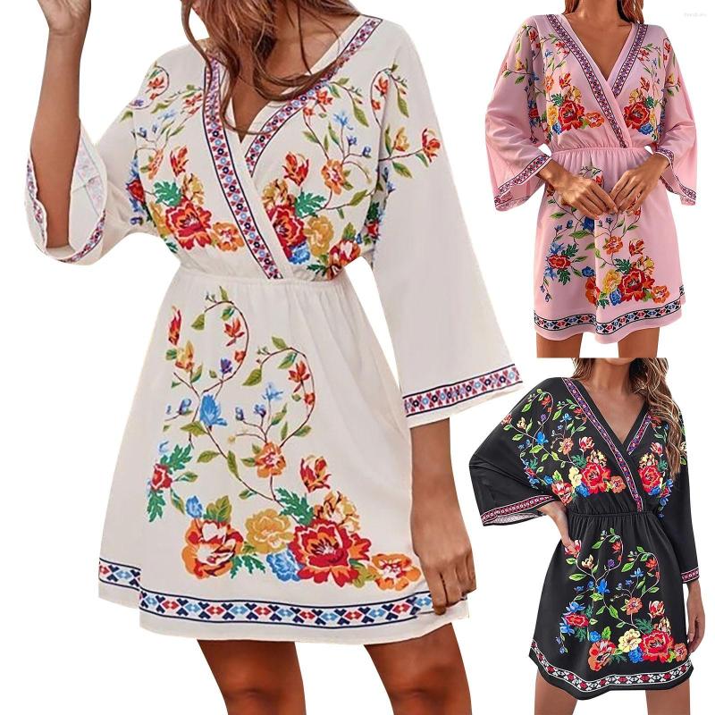 

Casual Dresses Vintage National Style Print Waist Slimming Short Holiday Dress, Black