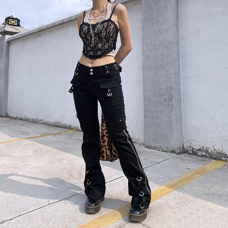

Women' Jeans Gothic Punk Fashion Hiphop Black Cotton Clothing Long Pants Low Waist Straight Casual Rivet Streetwear