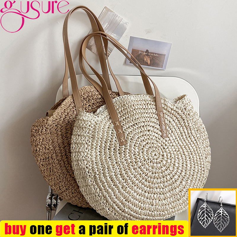 

Evening Bags Gusure Summer Round Straw Rattan Bag Casual Handmade Woven Beach Female Large Capacity Shoulder Travel Handbag sac 230628, Cotton-pink