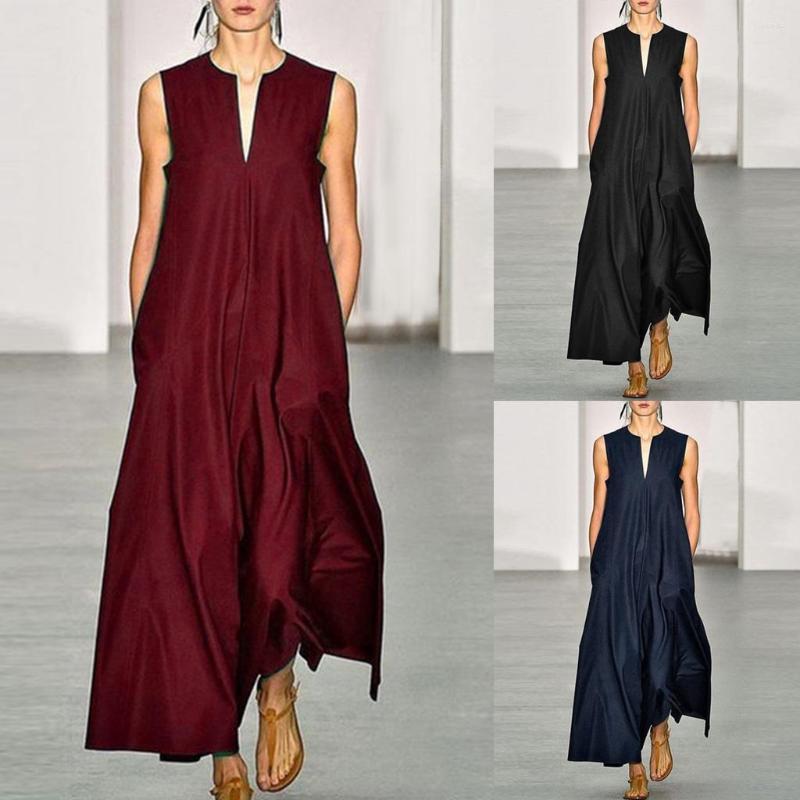 

Casual Dresses 5XL Sleeveless Long Dress 2023 Beach Women Summer Lady V Neck Solid Color Elegant Women's Maxi, Black