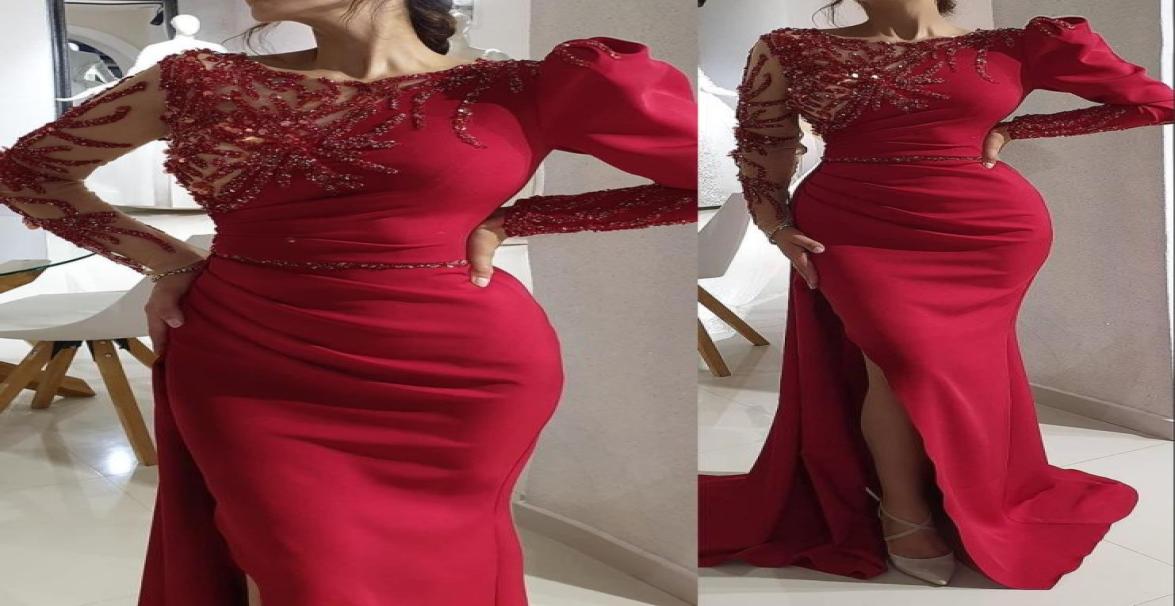 

2023 Prom Dresses Sexy Arabic Dark Red Mermaid Jewel Neck Illusion Crystal Beading Side Split Floor Length Party Evening Gowns Lon5759695, Light yellow