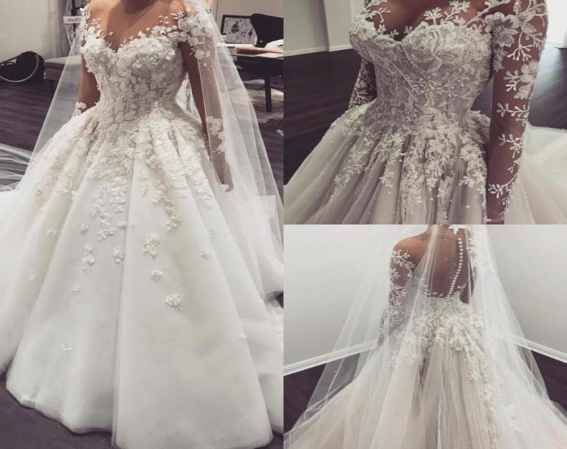 

Luxury Lace Ball Gown Wedding Dresses Appliqued Beads Long Sleeves Sweep Train Plus Size Bridal Gowns New Arrival6507308, Champagne