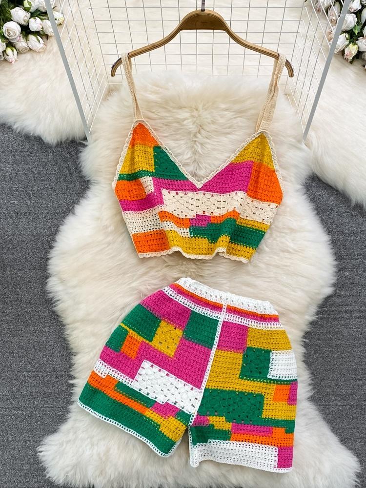 

Women's Tracksuits Fashion Beach Shorts Suit Women's Ethnic Style V-neck Color-blocking Hook Flower Sling Vest Two-piece Set With Wide, Orange