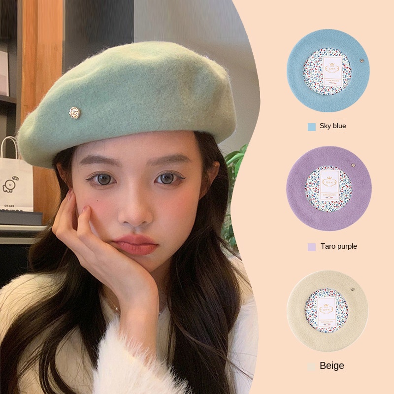 

Winter Wool Beret Original Korean Version Rivet Literary Painter Caps Japanese Retro Floral Lined Warm Women's Berets Gorra