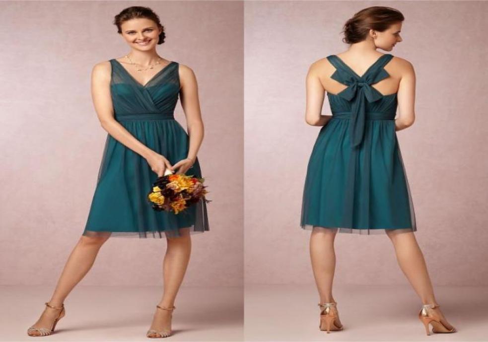 

A Line V neck Knee Length Teal Color Bridesmaid Dresses 2019 Short VintageTulle Satin Bow Cocktail Party Gownsn4795062