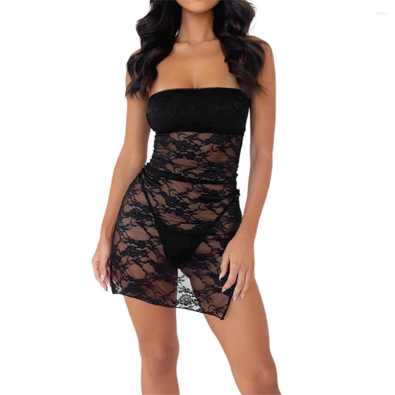 

Casual Dresses Women' Lace Tube Dress Strapless Sleeveless Solid Color See Through Split Bodycon Mini Clubwear, Black