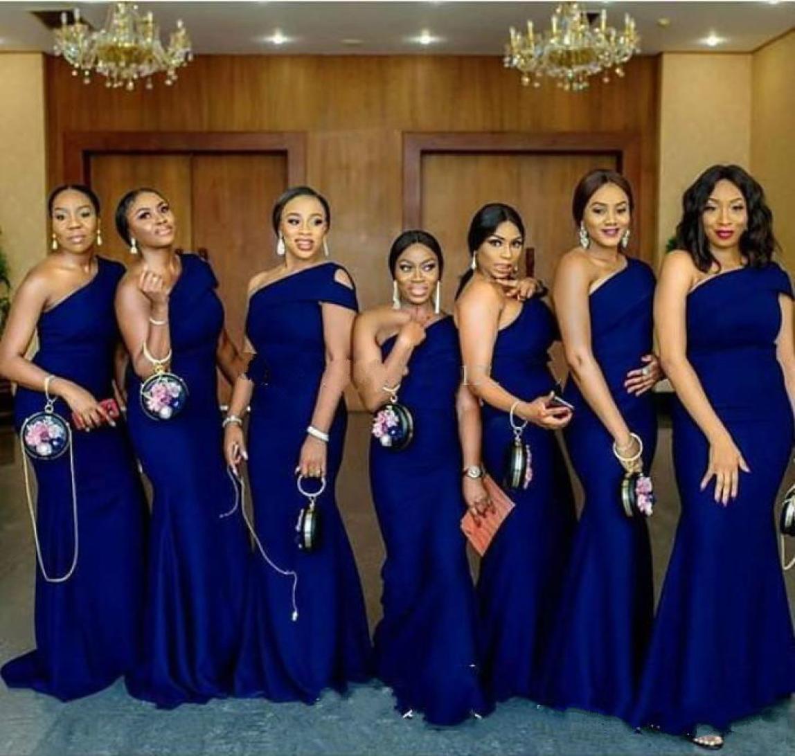

2020 Royal Blue One Shoulder Mermaid Bridesmaid Dress Sweep Train Simple African Country Wedding Guest Gowns Maid Of Honor Dress P9168720