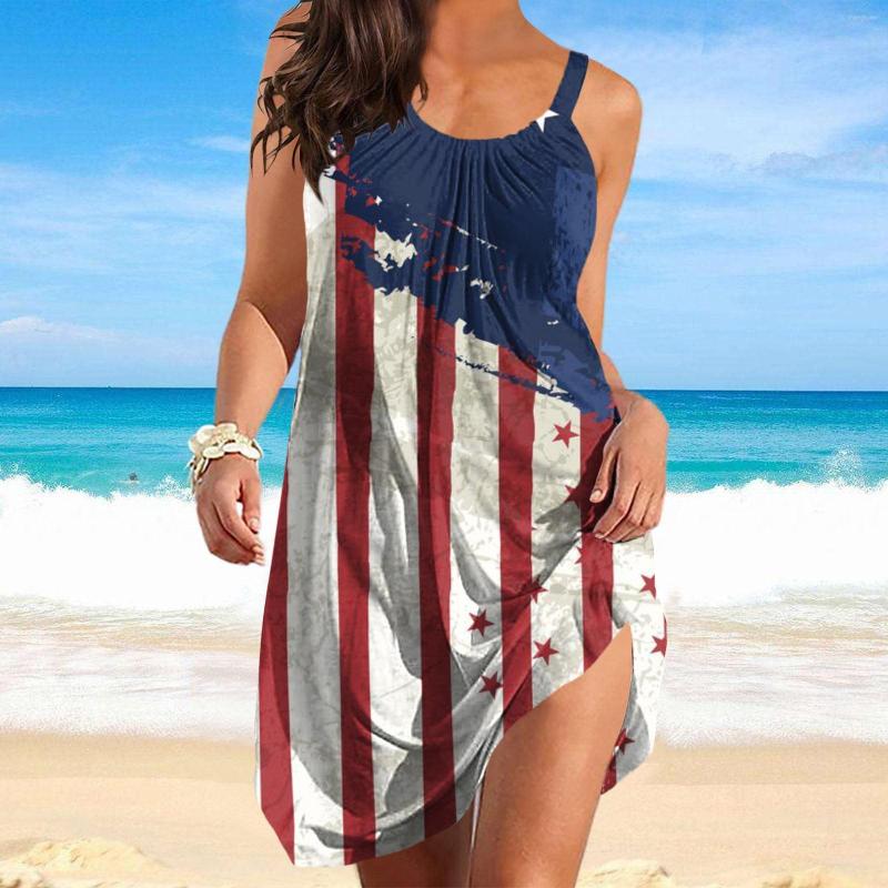 

Casual Dresses Women' Summer Round Neck Loose Sleeveless Independence Day 3D Digital Print Sash Skirt Beach Dress Denim Maxi For Women, Blue