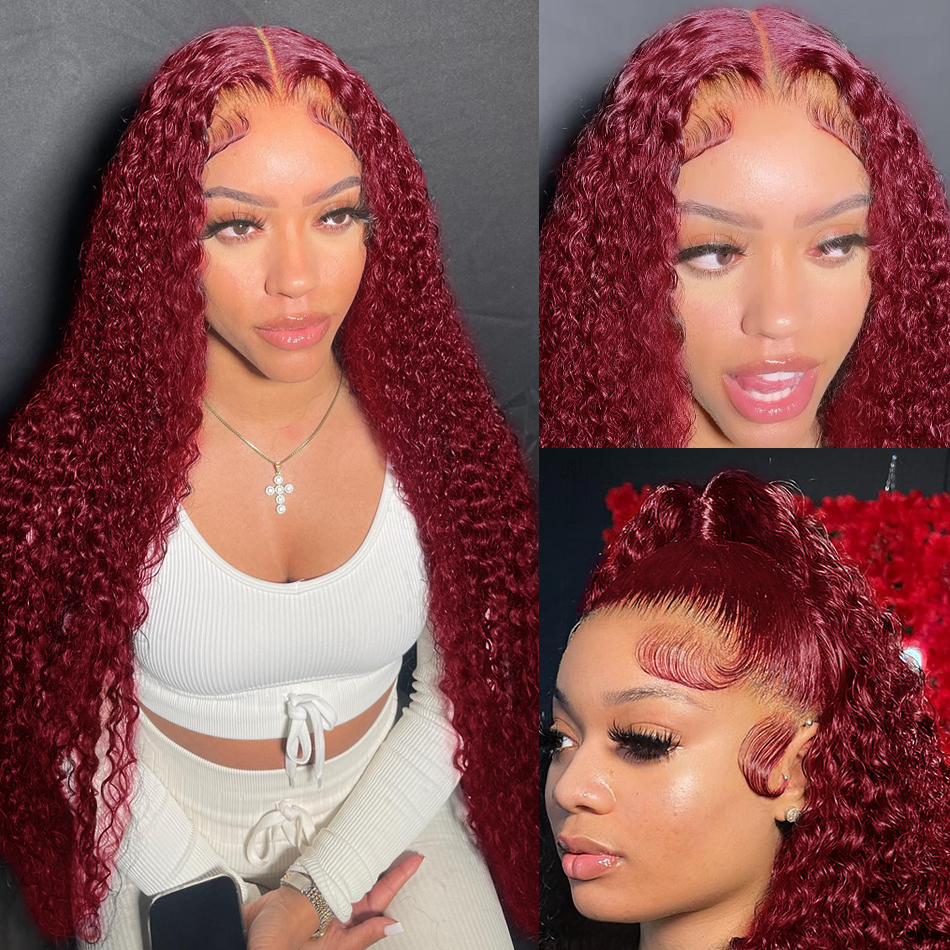 

New Product 26 Inch 99J Burgundy Transparent 13X4 Deep Wave Lace Frontal Wig Red Color Brazilian Remy 180% Curly Human Hair Wigs for Women