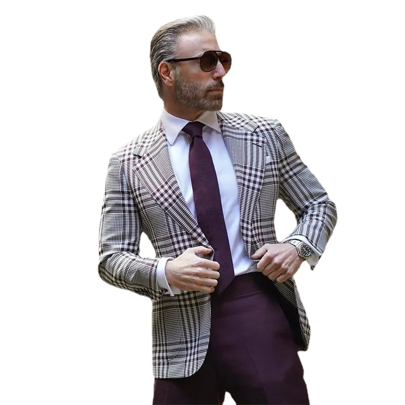 

2 Pieces Men Suits Fashion Custom Made Plaid Wedding Tuxedos Single Breasted Fit Slim Peaked Lapel Blazer Business Coat+Pant, Gray