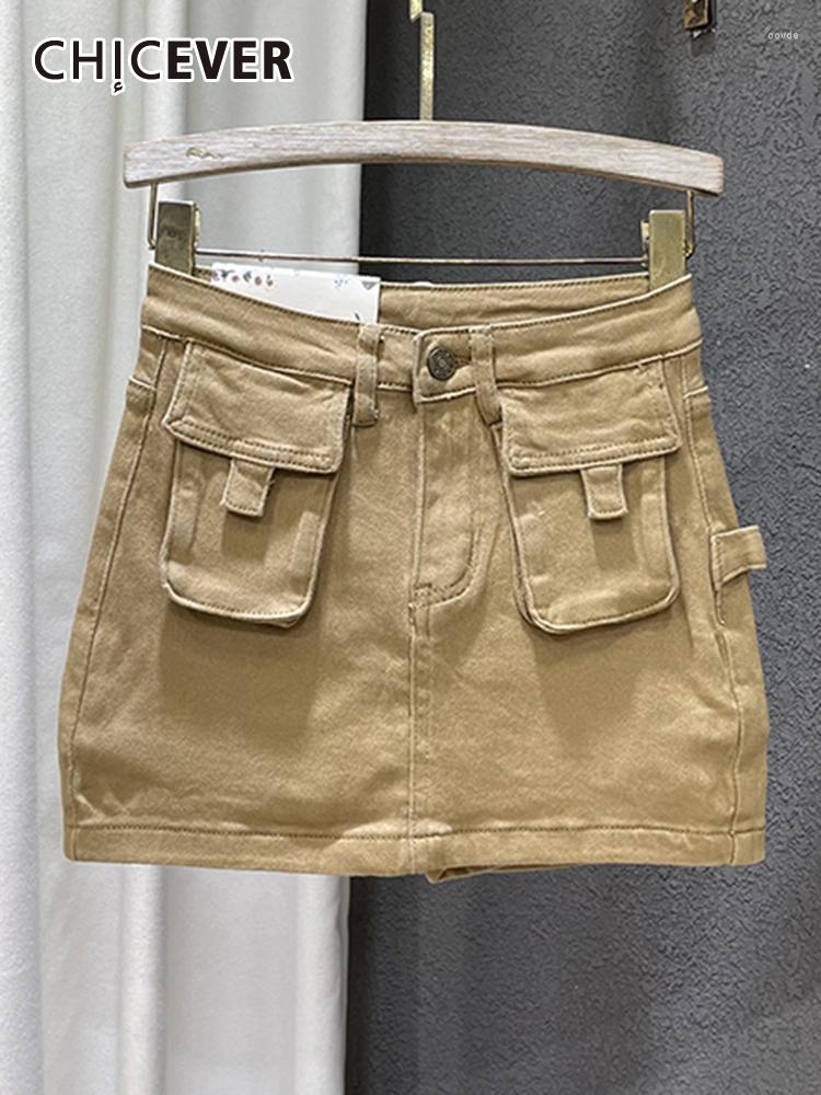 

Skirts CHICEVER Denim Streetwear For Women High Waist Patchwork Pockets Slim Bodycon A Line Mini Skirt Female Summer Clothes, Khaki
