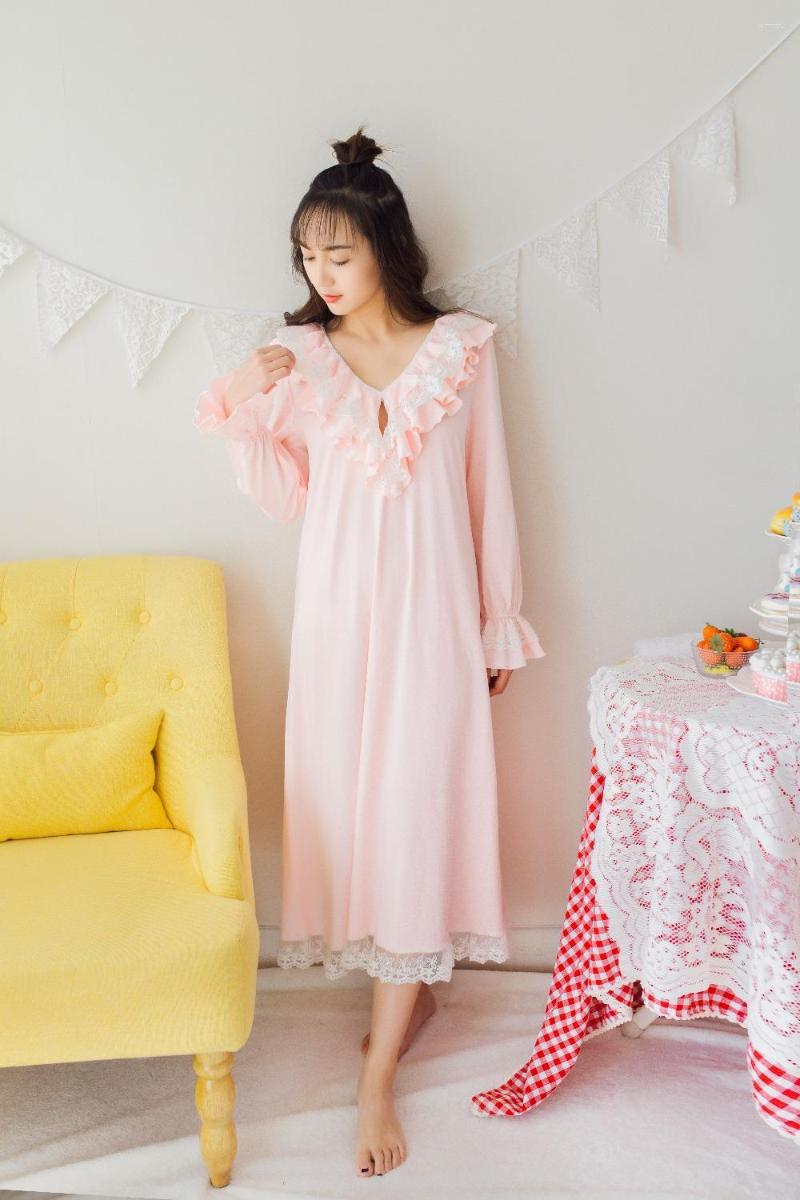 

Women' Sleepwear 2023 Spring Princess Long Nightgown Cotton And Lace Nihgtshirt Pink White Pijamas Roupao Feminino