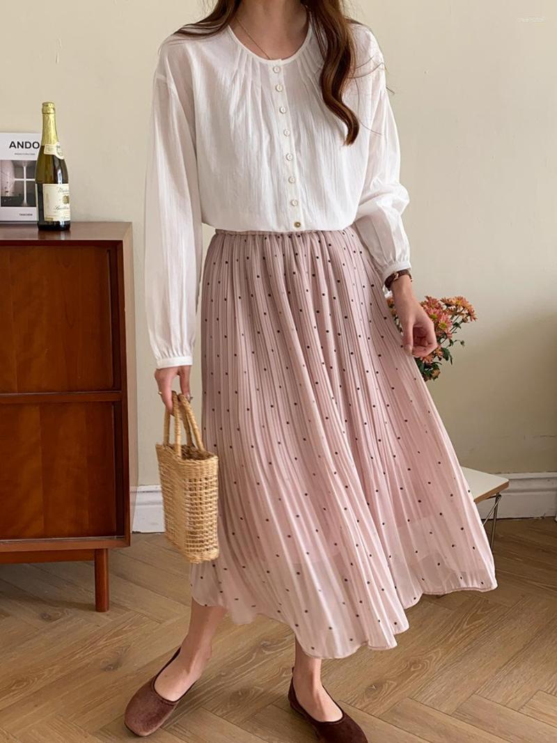 

Skirts Women's Dots Print Midi Elegant Sweet Elastic High Waist Double Layer Chiffon Summer Flare A-line Pleated, Black
