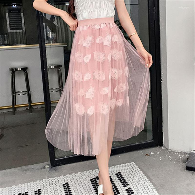

Skirts Tulle Womens Adult Skirt Elastic Pleated Midi Summer Women Elegant Vintage Lace Mesh Saias Xnxee, Black