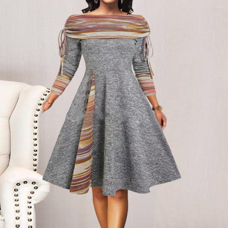 

Casual Dresses Women Dress Big Swing Striped Boat Neck Lady Long Sleeves Off The Shoulder Female Clothes, Sky blue