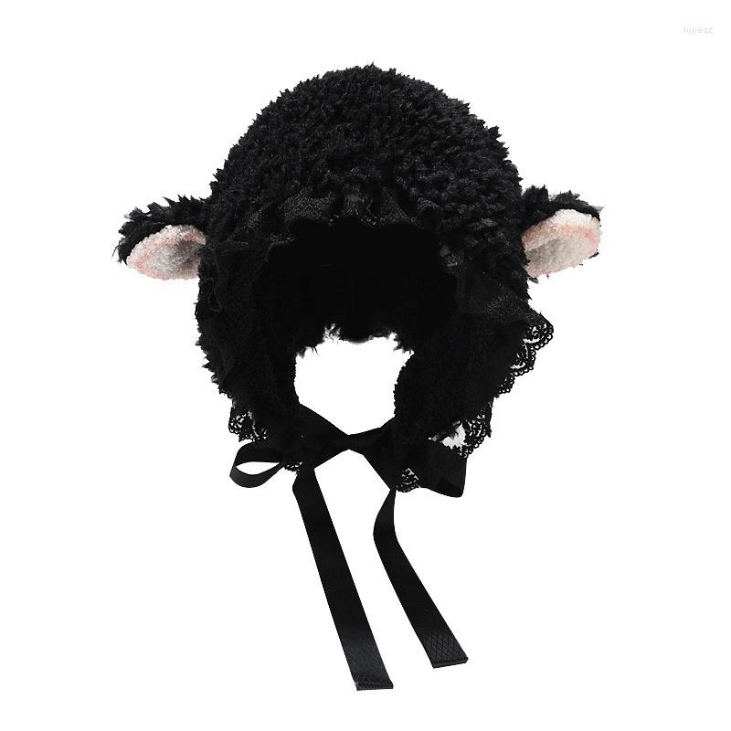 

Berets 2023 Autumn And Winter Outdoor Bucket Earflaps Cap Fashion Lace Streamer Plush Lamb Ear Hat Panama Cute Sweet Russian, White
