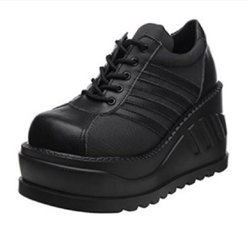 

New Rock Spanish Fashion Brand Retro Punk Small Leather Shoes Women's Platform Street Style Pumps 1AA3, Black