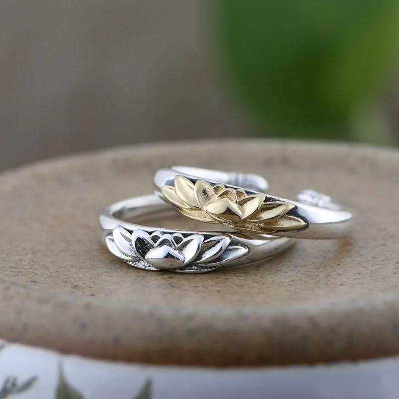 

Vintage Lotus Flower Couple Ring For Women Men Open Adjustable Gold Silver Color Rings Girls Accessories Jewelry