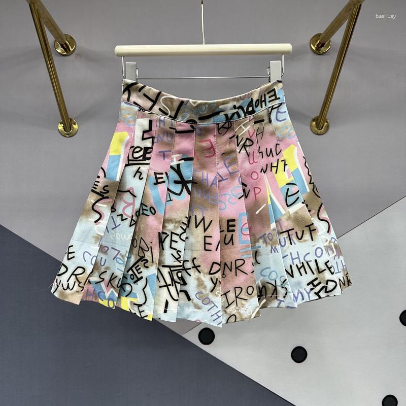 

Skirts Tie Dye Denim Skirt Women Graffiti Fashion Letter Print Jeans Streetwear Summer Loose High Waist Pleated Female, Mixed color