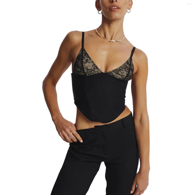 

Women' Tanks Women Corset Camisole Lace Patchwork Sleeveless Backless Crop Tank Tops 2023 Summer Slim Fit Vests Sexy Fashion Streetwear, Black