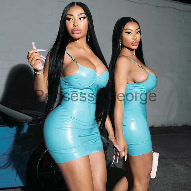 

Party Dresses Women Sexy Fashion Pu Leather Party Club Bodycon Mini Dress 2022 Summer Clothes Wholesale Items For Business Streetwear vestidos x0629, Blue