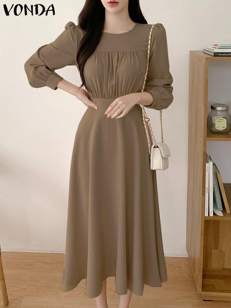 

Casual Dresses VONDA 2023 Women Summer Dress Round Neck Long Sleeve Shirt Sundress High Waist Solid Color Loose Vestidos Robe Femme, Black