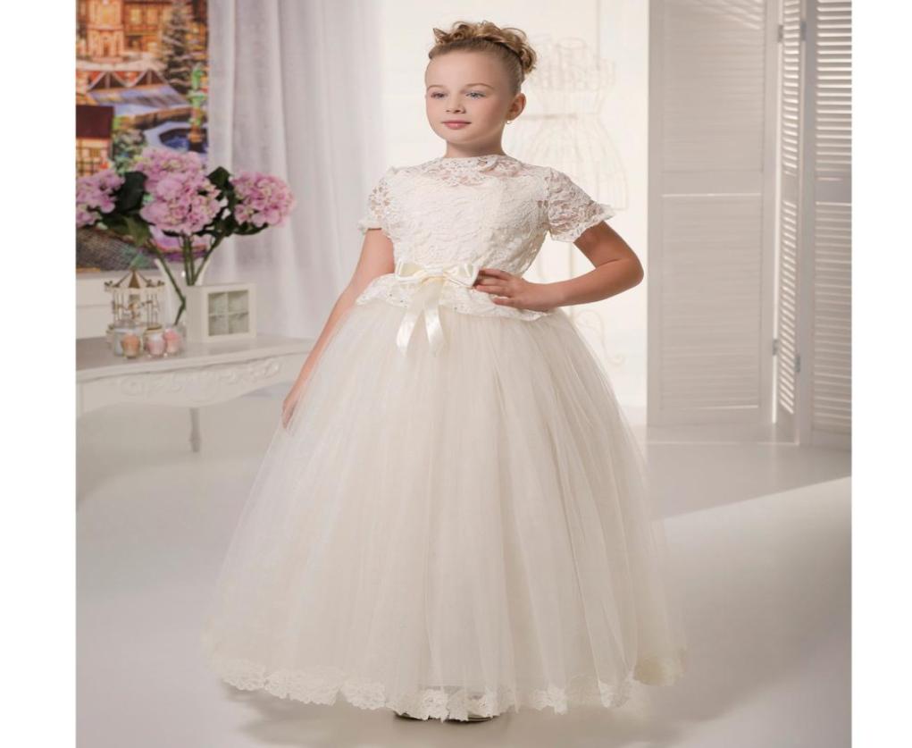 

2019 Fashion pretty whiteivory lace flower girls dresses with sleeves kids puffy prom dress tulle ball gown little bride dress6351770, Silver