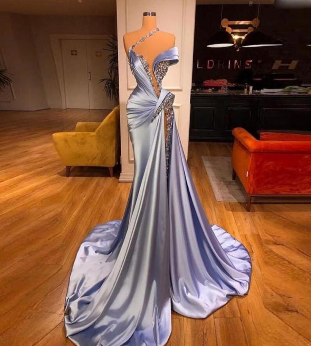 

2022 Sexy Mermaid Prom Dresses Lilac Ruffles Beaded Elegant Sweep Train Evening Gowns Robe De Soiree Formal Party Dress PRO2329534854, Light sky blue
