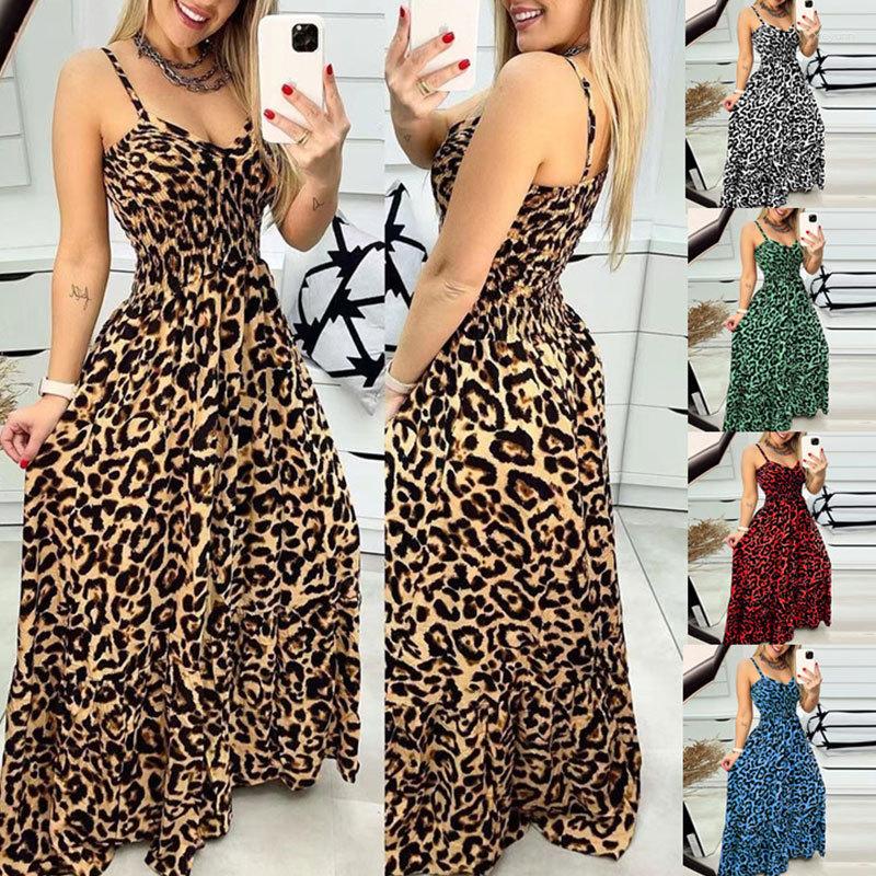 

Casual Dresses Fashion Strap V Neck Sleeveless High Waist Corset Bohemian Long Dress Summer Women Elegant Leopard Print Maxi, Brown